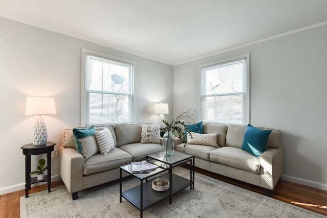 living room featuring baseboards, light wood finished floors, and ornamental molding