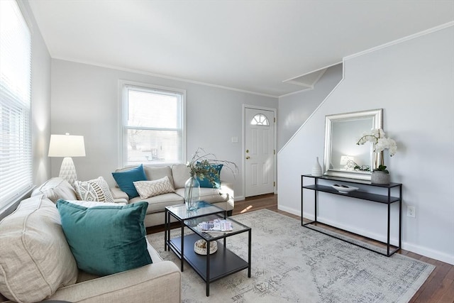 living room with crown molding, wood finished floors, and baseboards