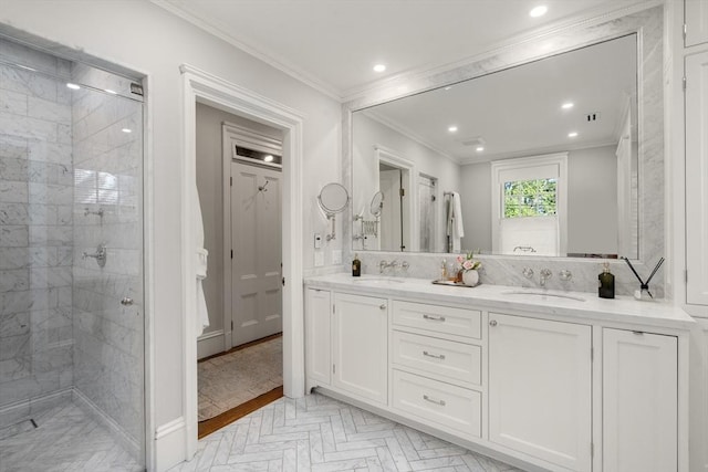 full bath with a tile shower, double vanity, recessed lighting, and crown molding
