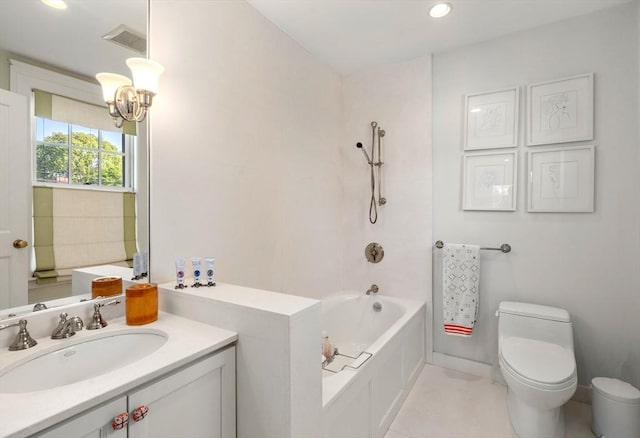 full bath featuring a chandelier, toilet, vanity, bathtub / shower combination, and recessed lighting