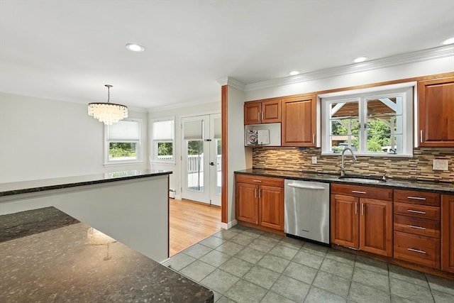 15 Oak Bluff Cir, East Longmeadow, MA 01028 - kitchen with dishwasher, ornamental molding, backsplash, pendant lighting, and dark stone counters