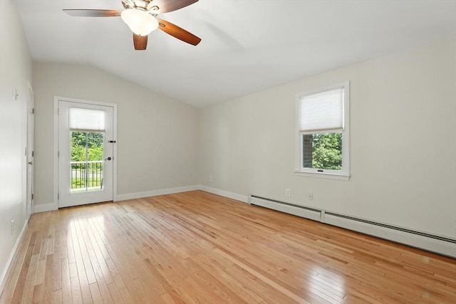 15 Oak Bluff Cir, East Longmeadow, MA 01028 - empty room featuring baseboard heating, light wood-style flooring, lofted ceiling, and ceiling fan