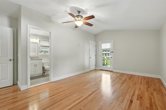 15 Oak Bluff Cir, East Longmeadow, MA 01028 - unfurnished bedroom with light wood-type flooring, ensuite bath, lofted ceiling, and a ceiling fan