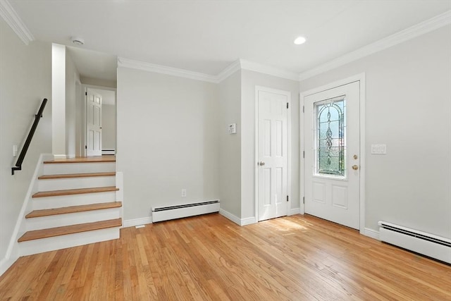 15 Oak Bluff Cir, East Longmeadow, MA 01028 - entryway featuring baseboard heating, light wood-style flooring, ornamental molding, stairway, and recessed lighting