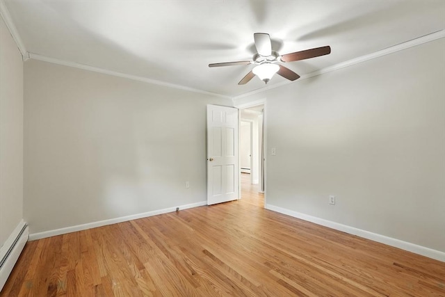 15 Oak Bluff Cir, East Longmeadow, MA 01028 - spare room with baseboard heating, ornamental molding, a ceiling fan, and light wood-style flooring