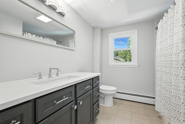 15 Oak Bluff Cir, East Longmeadow, MA 01028 - bathroom featuring a baseboard radiator, vanity, tile patterned floors, and a shower with shower curtain