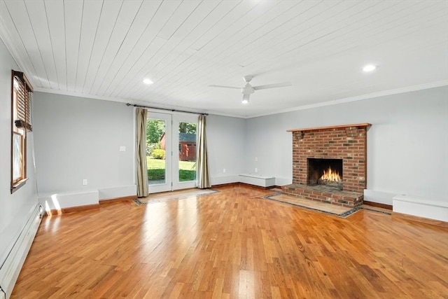 15 Oak Bluff Cir, East Longmeadow, MA 01028 - unfurnished living room featuring light wood-style floors, a baseboard radiator, a fireplace, ceiling fan, and ornamental molding