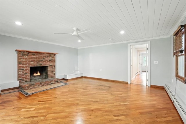 15 Oak Bluff Cir, East Longmeadow, MA 01028 - unfurnished living room with baseboard heating, a ceiling fan, light wood finished floors, a brick fireplace, and ornamental molding