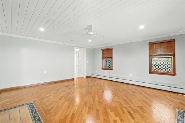 15 Oak Bluff Cir, East Longmeadow, MA 01028 - spare room featuring recessed lighting, a baseboard radiator, light wood-style flooring, a ceiling fan, and crown molding