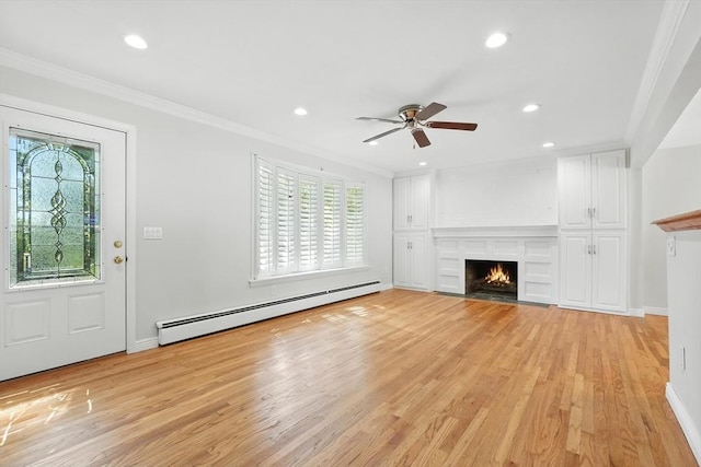 15 Oak Bluff Cir, East Longmeadow, MA 01028 - unfurnished living room with a baseboard radiator, a ceiling fan, light wood finished floors, crown molding, and a fireplace with flush hearth