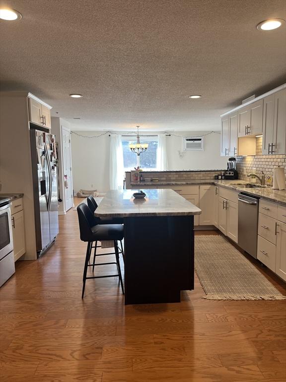 kitchen with appliances with stainless steel finishes, a textured ceiling, a sink, recessed lighting, and wood finished floors