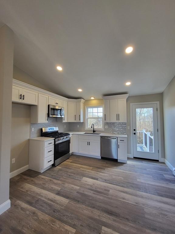 kitchen featuring dark hardwood / wood-style flooring, vaulted ceiling, stainless steel appliances, and white cabinetry