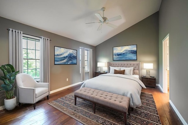 bedroom with hardwood / wood-style flooring, baseboards, a ceiling fan, and high vaulted ceiling