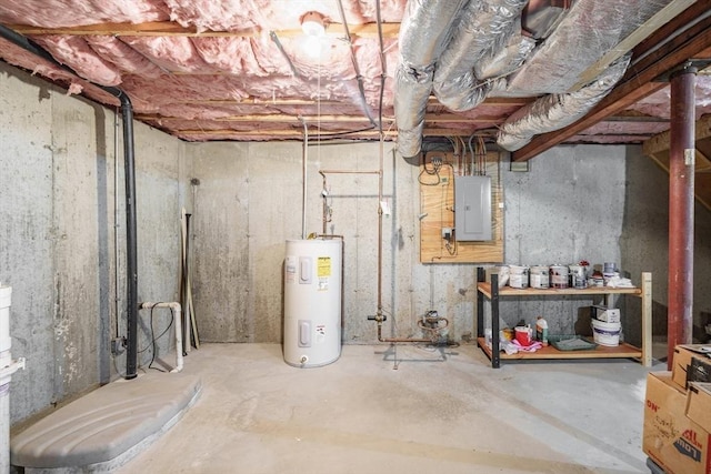 unfinished below grade area featuring electric panel and water heater