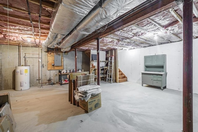 unfinished below grade area with water heater, electric panel, and stairway