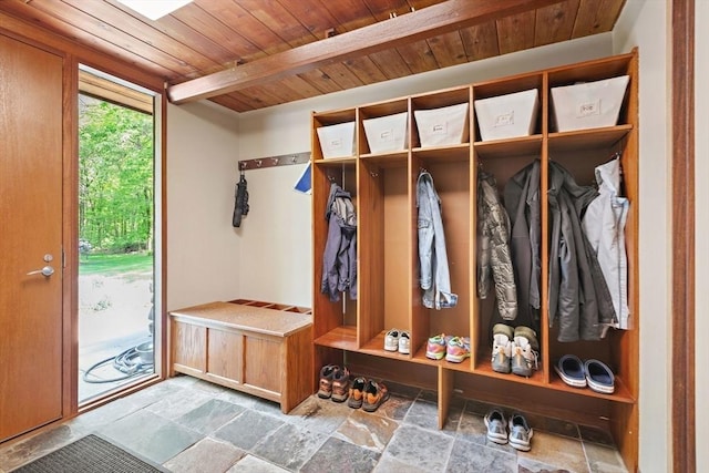 183 Indian Hl, Carlisle, MA 01741 - mudroom featuring stone tile floors and wood ceiling