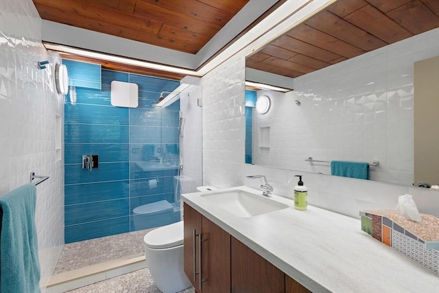 183 Indian Hl, Carlisle, MA 01741 - bathroom with wooden ceiling, toilet, a stall shower, vanity, and tile walls