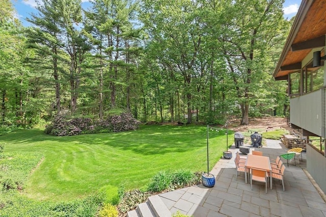183 Indian Hl, Carlisle, MA 01741 - view of green lawn featuring a patio and outdoor dining area