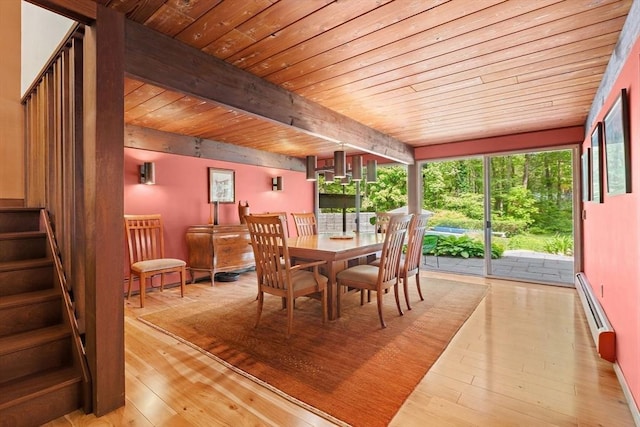 183 Indian Hl, Carlisle, MA 01741 - dining space featuring wooden ceiling with exposed beams, stairway, a baseboard radiator, and hardwood / wood-style flooring