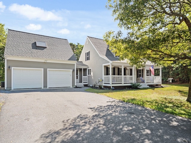 new england style home with a front yard, a garage, and a porch