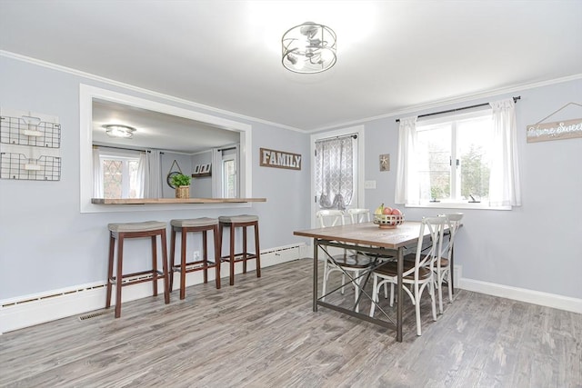 197 N St, Mattapoisett, MA 02739 - dining space featuring wood finished floors, crown molding, baseboard heating, plenty of natural light, and baseboards