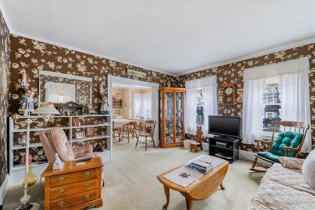 carpeted living room with ornamental molding