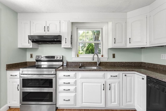 8 May St, Sharon, MA 02067 - kitchen featuring under cabinet range hood, dishwasher, double oven range, white cabinets, and a textured ceiling