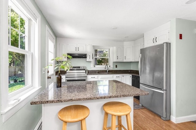 8 May St, Sharon, MA 02067 - kitchen featuring appliances with stainless steel finishes, under cabinet range hood, white cabinets, light wood-style flooring, and a breakfast bar area
