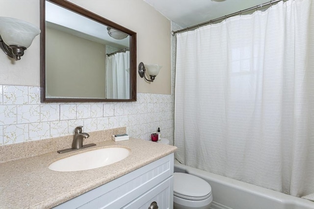 8 May St, Sharon, MA 02067 - full bathroom featuring vanity, shower / tub combo, tasteful backsplash, and tile walls