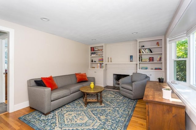 8 May St, Sharon, MA 02067 - living area featuring light wood finished floors, a fireplace, and built in features