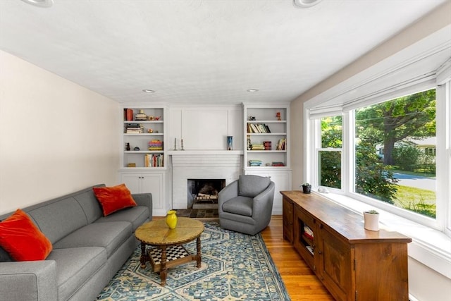8 May St, Sharon, MA 02067 - living area with light wood finished floors, a fireplace, and built in shelves