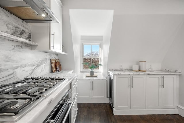 kitchen featuring dark hardwood / wood-style floors, white cabinetry, decorative backsplash, custom exhaust hood, and light stone countertops