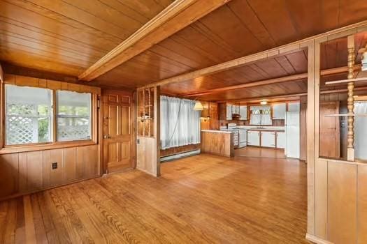 10 Sandpiper Ter, Wareham, MA 02571 - unfurnished living room with wood ceiling with exposed beams, wood finished floors, a baseboard radiator, and wooden walls