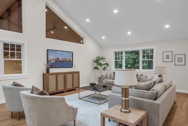 living room featuring high vaulted ceiling and light hardwood / wood-style flooring