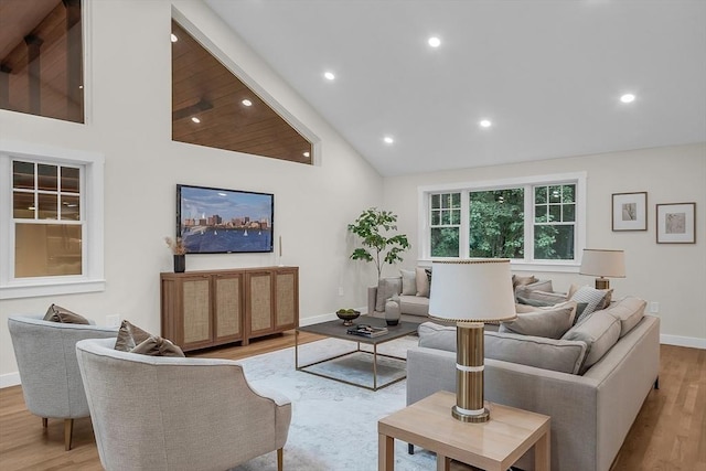 living room with light hardwood / wood-style flooring and high vaulted ceiling