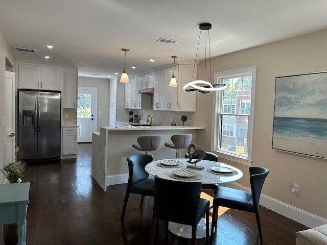 dining room featuring a healthy amount of sunlight, sink, and dark wood-type flooring