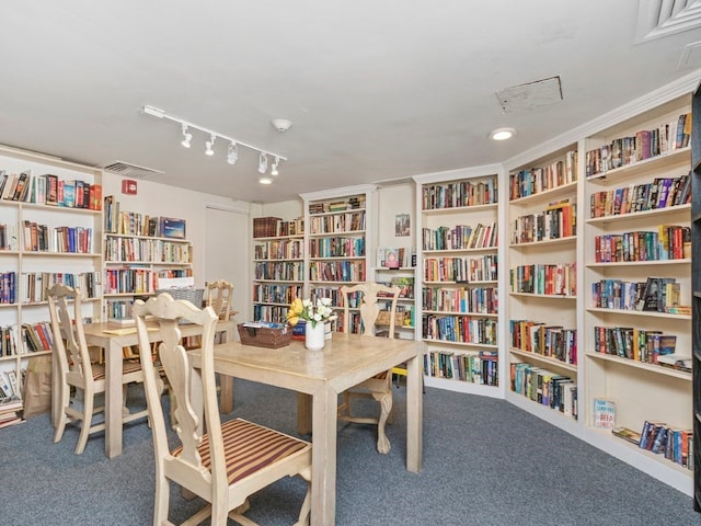 dining room featuring carpet flooring and track lighting