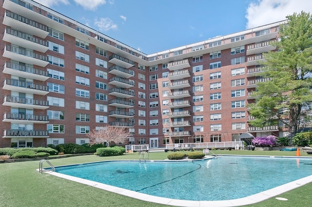 view of swimming pool featuring a lawn