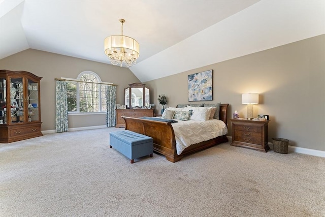 bedroom with baseboards, a notable chandelier, carpet, and vaulted ceiling
