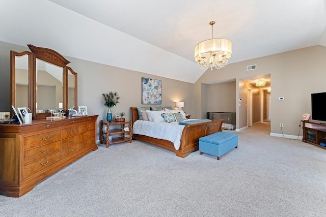 bedroom featuring light colored carpet, visible vents, and vaulted ceiling