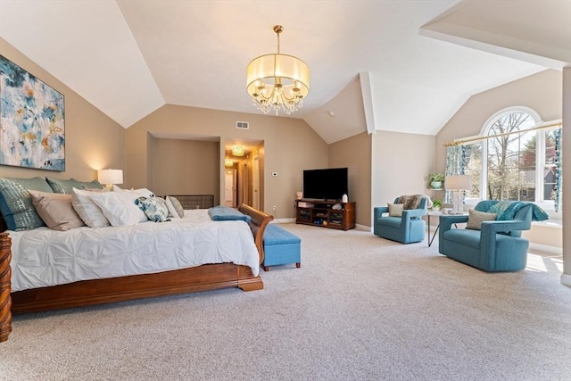 bedroom with visible vents, a notable chandelier, lofted ceiling, and carpet flooring
