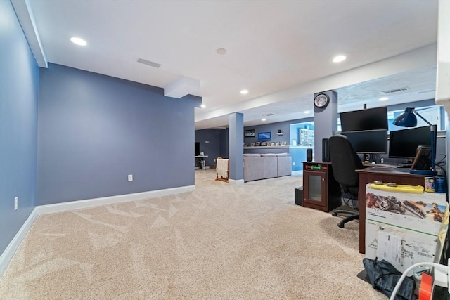 carpeted home office featuring visible vents, recessed lighting, bar area, and baseboards