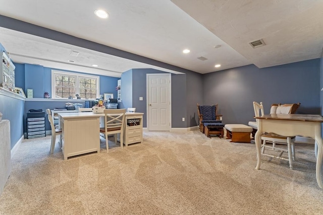 home office featuring baseboards, visible vents, light colored carpet, and recessed lighting