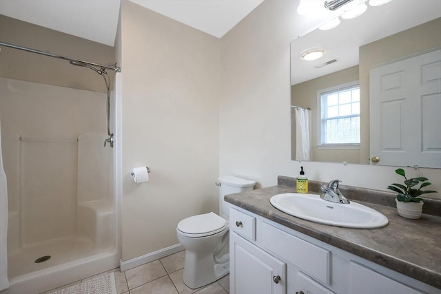 bathroom with vanity, a shower with curtain, visible vents, tile patterned flooring, and toilet