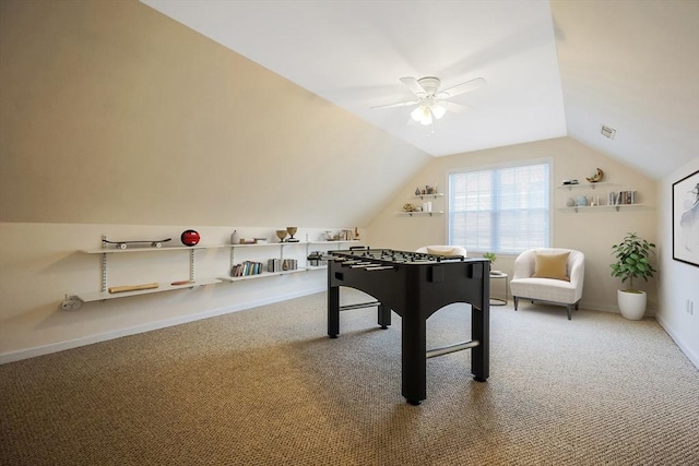 game room featuring carpet flooring, ceiling fan, baseboards, and lofted ceiling