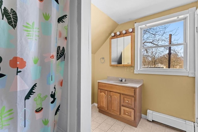 full bath with vanity, lofted ceiling, curtained shower, tile patterned floors, and baseboard heating