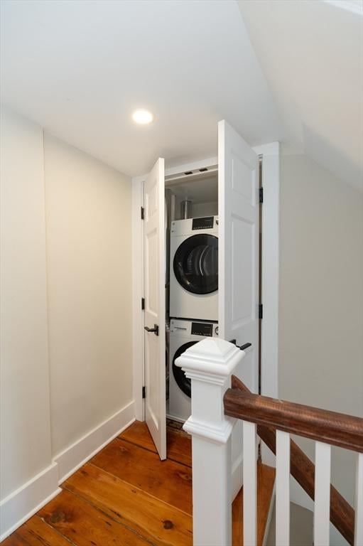 2 Court St Unit 3, Newburyport, MA 01950 - bathroom featuring stacked washer / dryer, wood finished floors, lofted ceiling, and recessed lighting