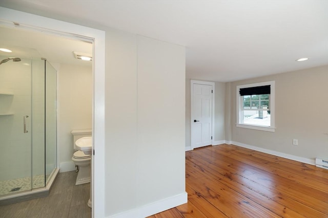 2 Court St Unit 3, Newburyport, MA 01950 - bathroom featuring a stall shower, hardwood / wood-style flooring, and recessed lighting