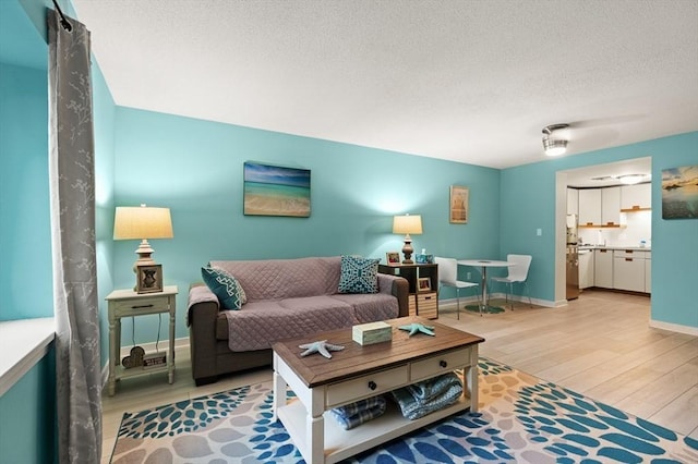 living room with a textured ceiling and light wood-type flooring