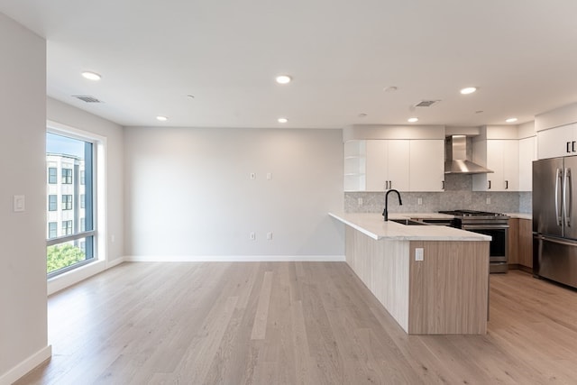 kitchen featuring appliances with stainless steel finishes, light hardwood / wood-style floors, white cabinetry, wall chimney exhaust hood, and kitchen peninsula